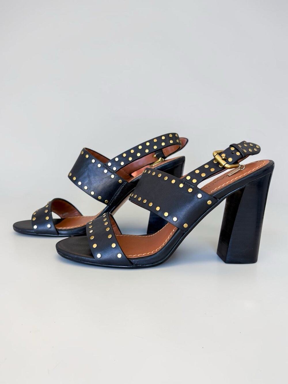 Coach Rylie Studded Leather Strappy Sandals Black Gold Block Heel 7B
